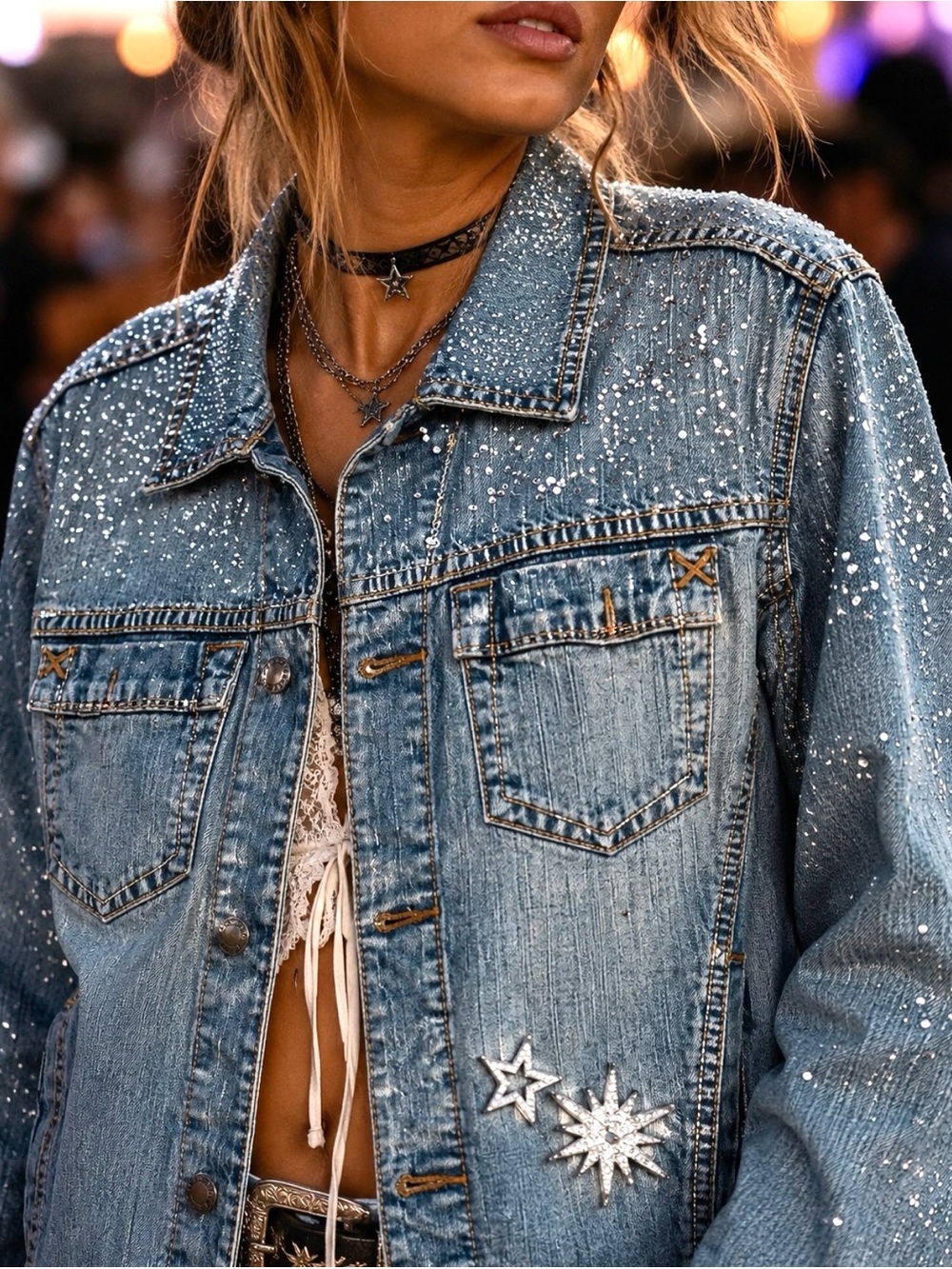 OOAK Upcycled Rhinestone and Brooches Embellished Jean Denim Jacket Size M